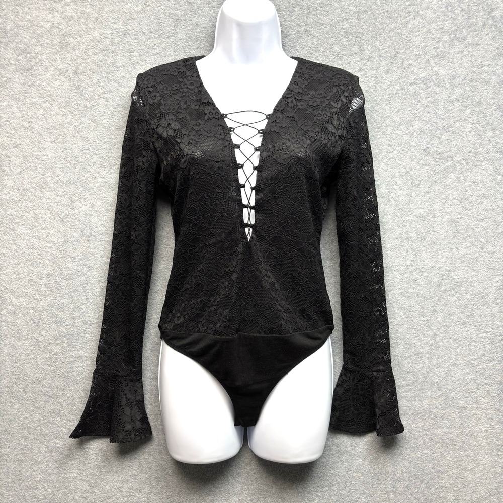 WAYF Lace Body Suit Size S Black Sheer Ruffle Sleeve Lace Up Whimsigoth Vamp